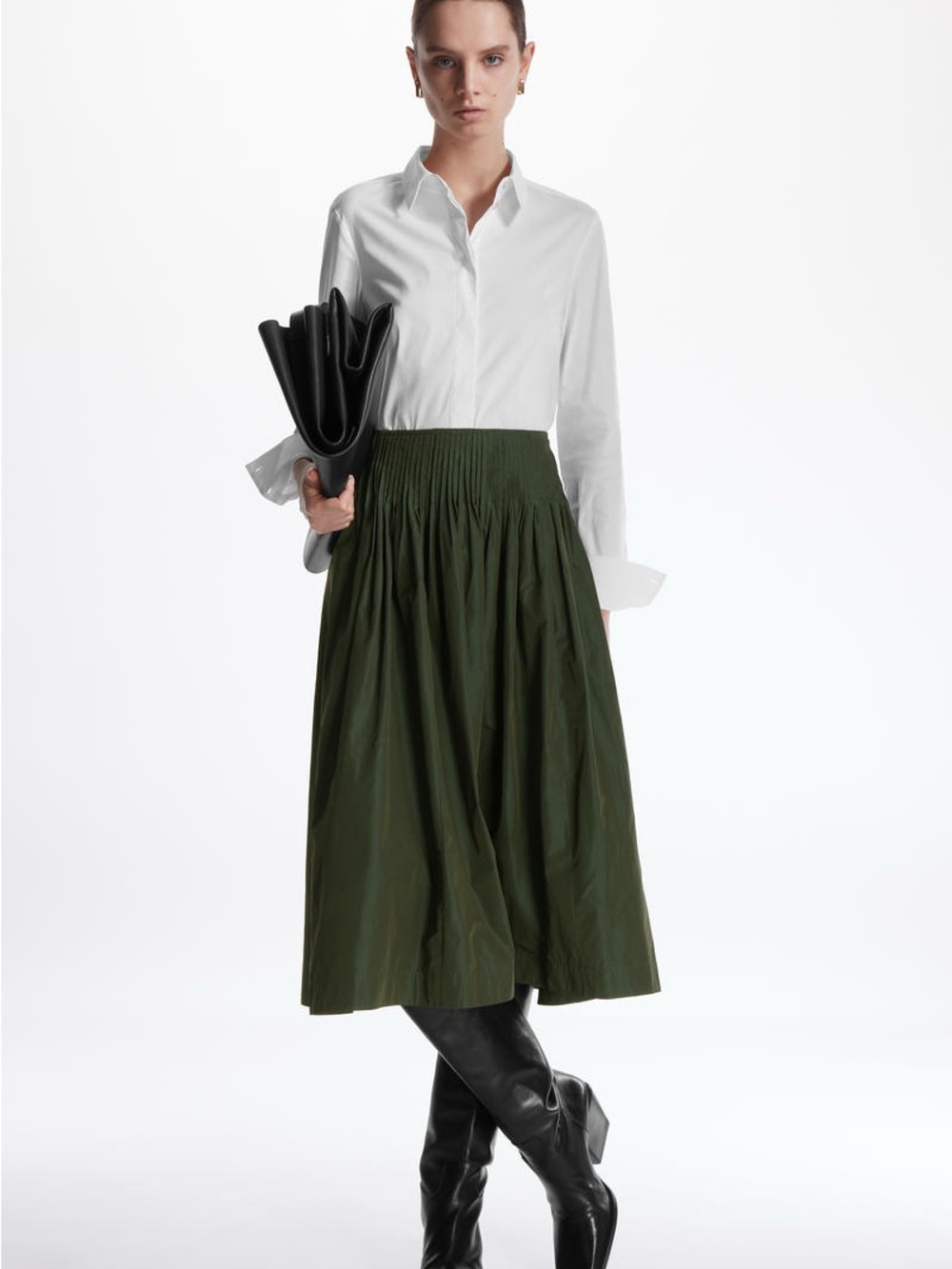 COS L Elastic Waist A Line Green Midi Skirt Parachute Fabric Structural Comfy